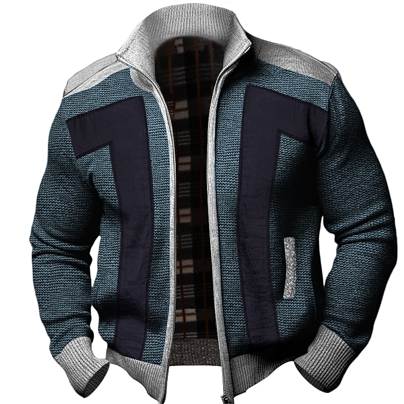 Men's Cardigan Sweater Zip Sweater Chunky Cardigan Ribbed Knit Cropped Side Pockets Color Block Stand Collar Warm Ups Modern Contemporary Casual Daily Wear Clothing Apparel Fall Winter Dark Navy Blue2