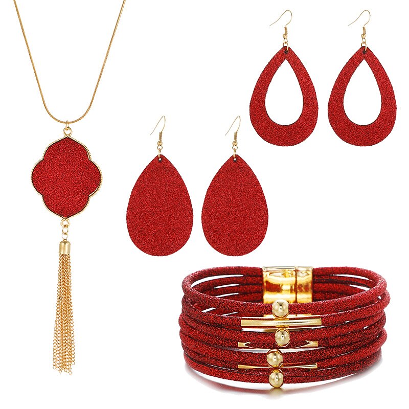Jewelry set Leather Gold Powder Alloy Necklace Earrings Necklace Bracelet Combination Set4