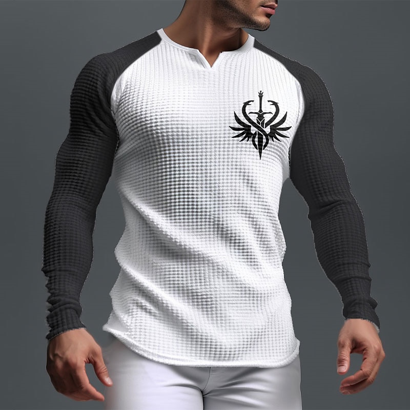 Men's Graphic Color Block Weapon Waffle Shirt T Shirt Raglan T Shirt Long Sleeve T shirt 3D Print V Neck Shirt Daily Classic Casual Sports Outdoor Holiday Going out Black White Light Grey Spring3