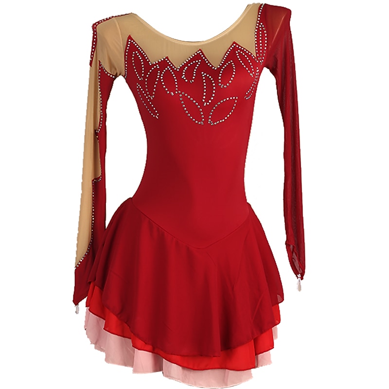 Figure Skating Dress Women's Girls' Ice Skating Dress Burgundy Patchwork Open Back Mesh High Elasticity Training Competition Skating Wear Classic Long Sleeve Ice Skating Figure Skating