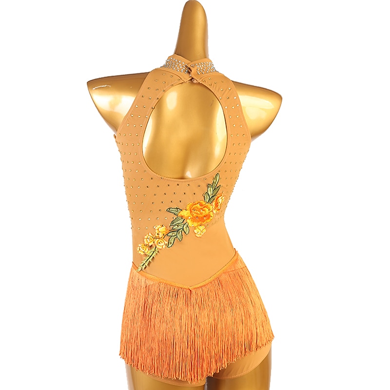 Figure Skating Dress Women's Girls' Ice Skating Dress Orange Patchwork Open Back Mesh High Elasticity Training Competition Skating Wear Classic Sleeveless Ice Skating Figure Skating4