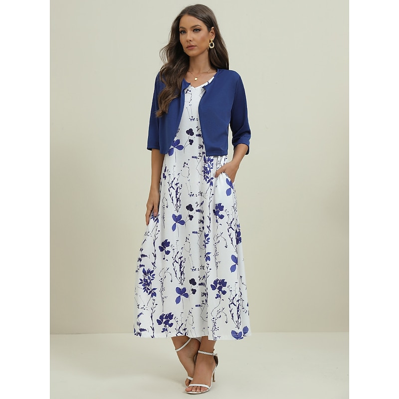 Women's Midi Dress Two Piece Dress Set Casual Dress Print Dress Daily Vacation Fashion Elegant Pocket Print Crew Neck Half Sleeve Floral Regular Fit Black Navy Blue Green Summer Spring S M L XL XXL2