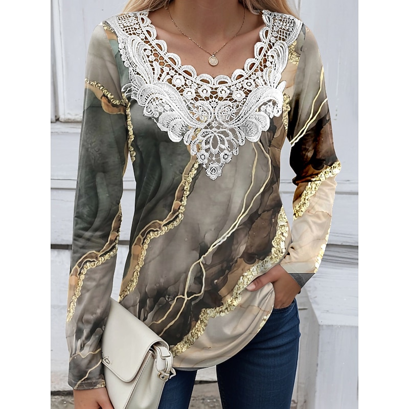 Women's Blouse Tunic Lace Splicing V Neck Long Sleeve Butterfly Abstract Lace Patchwork Print Regular Tops Round Neck Casual Black White Blue Khaki Gray Spring & Fall Prefall3