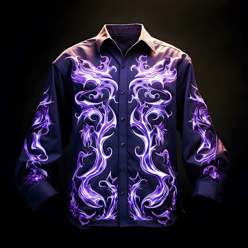 Men's Flame Shirt Button Up Shirt Long Sleeve Artistic Abstract Daily Wear Going out Fall & Winter Turndown Print Button-Down Purple Fuchsia Green2