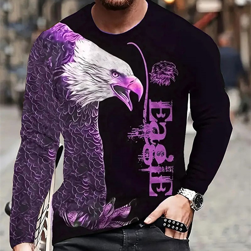 Men's Graphic Animal Eagle T Shirt Long Sleeve T shirt 3D Print Crew Neck Shirt Fashion Designer Casual Sports Outdoor Holiday Going out Blue Purple Brown Spring &  Fall Clothing Apparel S M L XL 2XL3