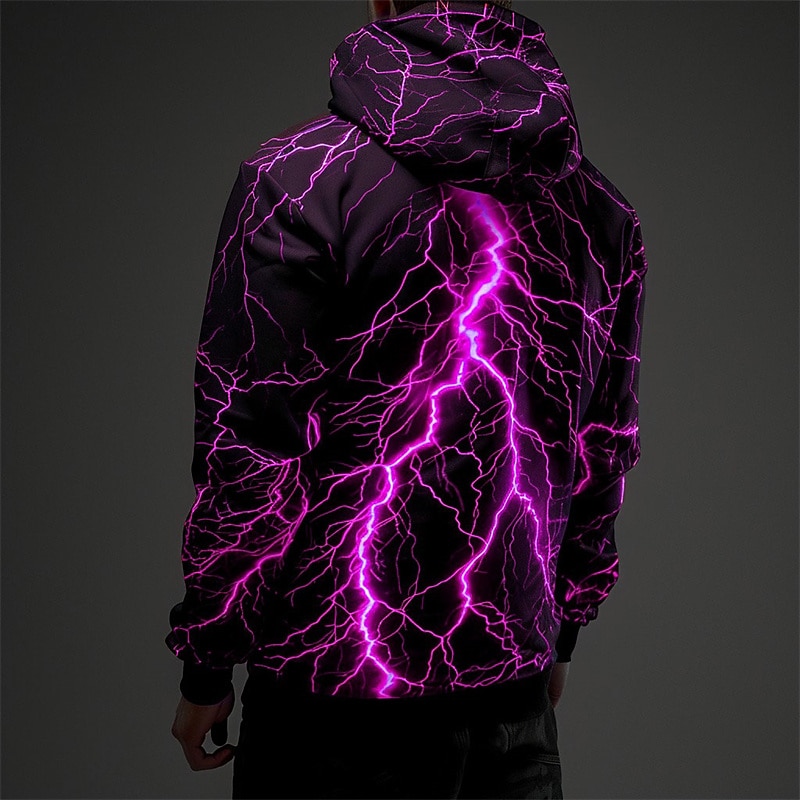 Men's Graphic Lightening Hoodie Hoodies Sweatshirt Fashion Daily Long Sleeve Hooded Vacation Sports Outdoor Holiday Red Blue Print Front Pocket Spring &  Fall Designer3