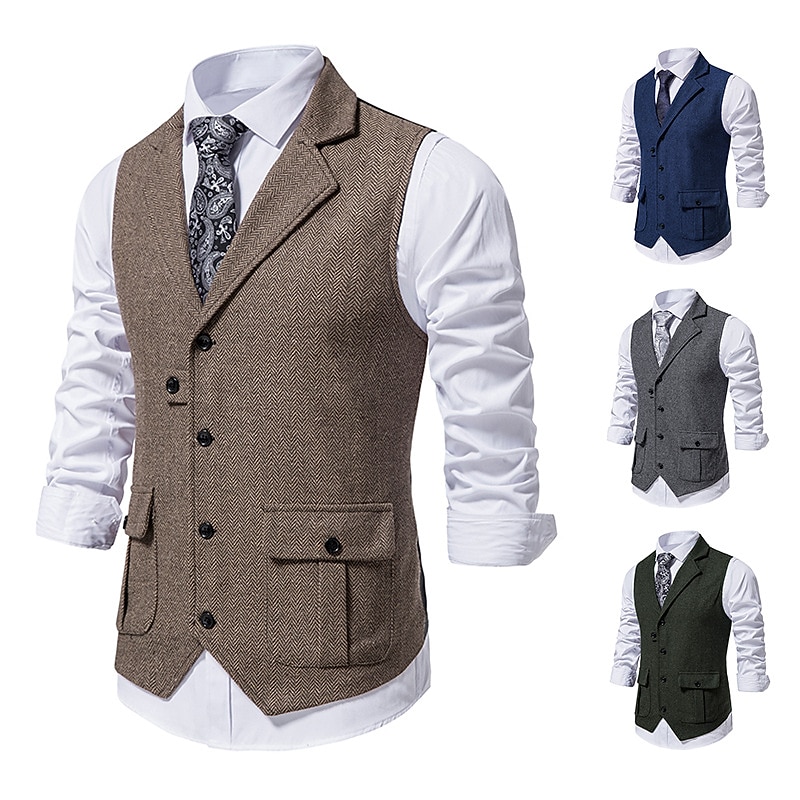 Men's Vest Waistcoat Gilet Formal Wedding Work Business Business Casual Spring Fall Pocket Polyester Warm Quick Dry Plaid / Check Double Breasted Turndown Regular Fit Blue Green Khaki Gray Vest