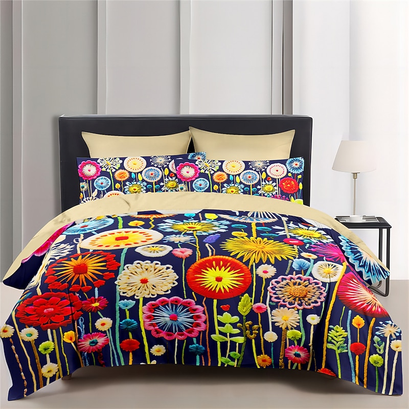 Floral Quilt Art Pattern Duvet Cover Set Comforter Set Soft 3-Piece Luxury Cotton Bedding Set Home Decor Gift King Queen Full Size3