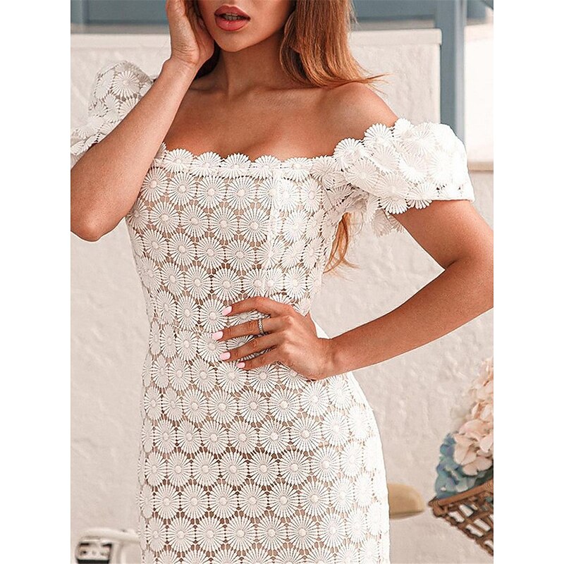 Women's White Lace Wedding Dress with Sleeve Square Neck Short Sleeve Midi Dress Party Gift Elegant Black White Summer Spring3