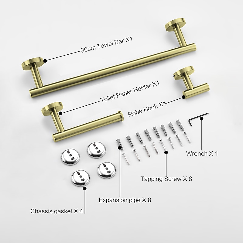 3-Piece Stainless Steel Bathroom Towel Rack Set - Includes Towel Bar, Toilet Paper Holder, and Hook - Available in 4 Finishes: Polished Chrome, Brushed Nickel, Black, and Brushed Gold3