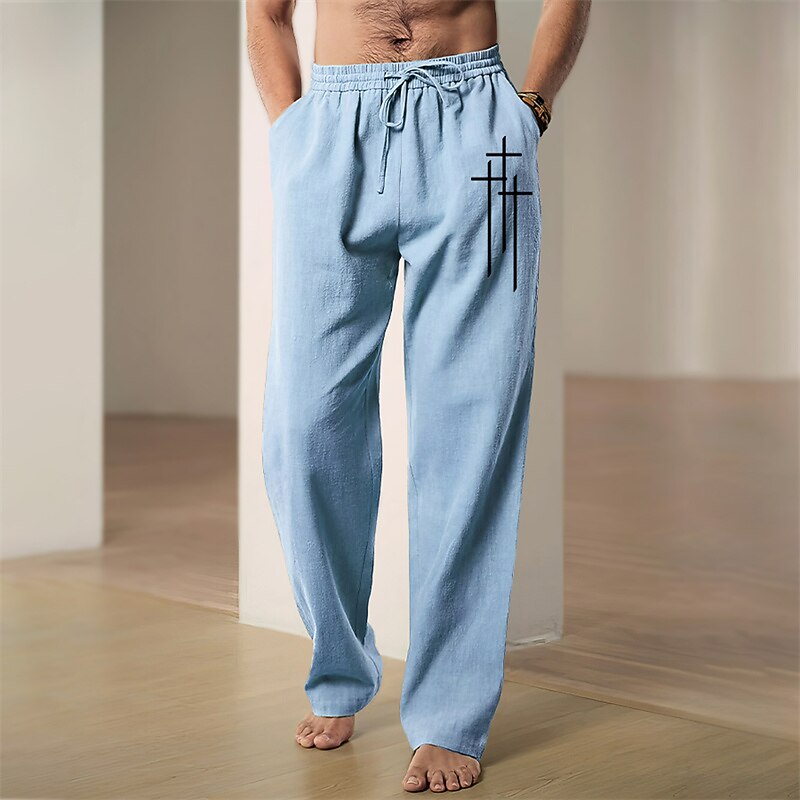 Men's Graphic Cross Faith Pants Trousers Mid Waist Casual Daily Wear Vacation Going out Spring Fall Black Blue Green