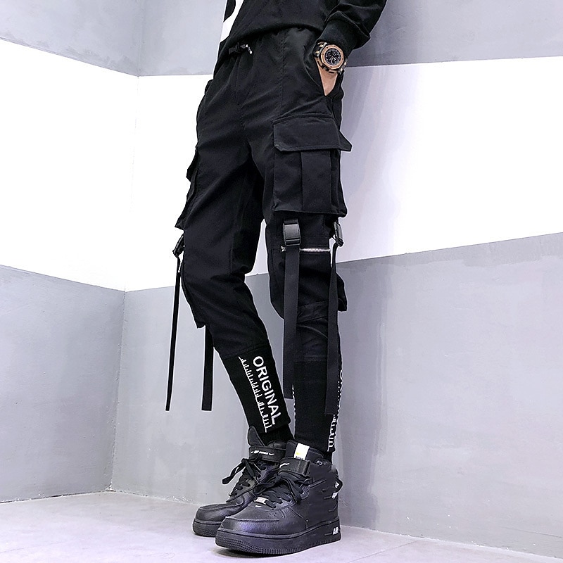 Men's Cargo Pants Joggers Techwear Drawstring Elastic Waist Multi Pocket Graphic Letter Comfort Wearable Casual Daily Holiday Sports Fashion Black3