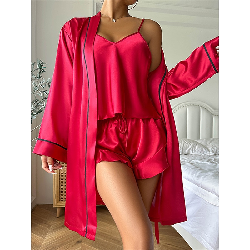 Women's Valentine Pajamas Robe Bathrobe Sets 3 Pieces Pure Color Fashion Casual Comfort Home Daily Bed Satin Silk Breathable V Wire Long Sleeve Shorts Elastic Waist Summer Spring Home Outfits2