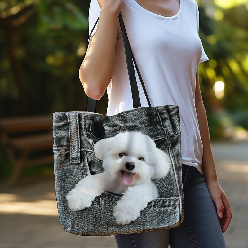 Women's Tote Shoulder Bag Canvas Tote Bag Polyester Shopping Daily Holiday Print Large Capacity Foldable Lightweight Dog Black Red Blue4