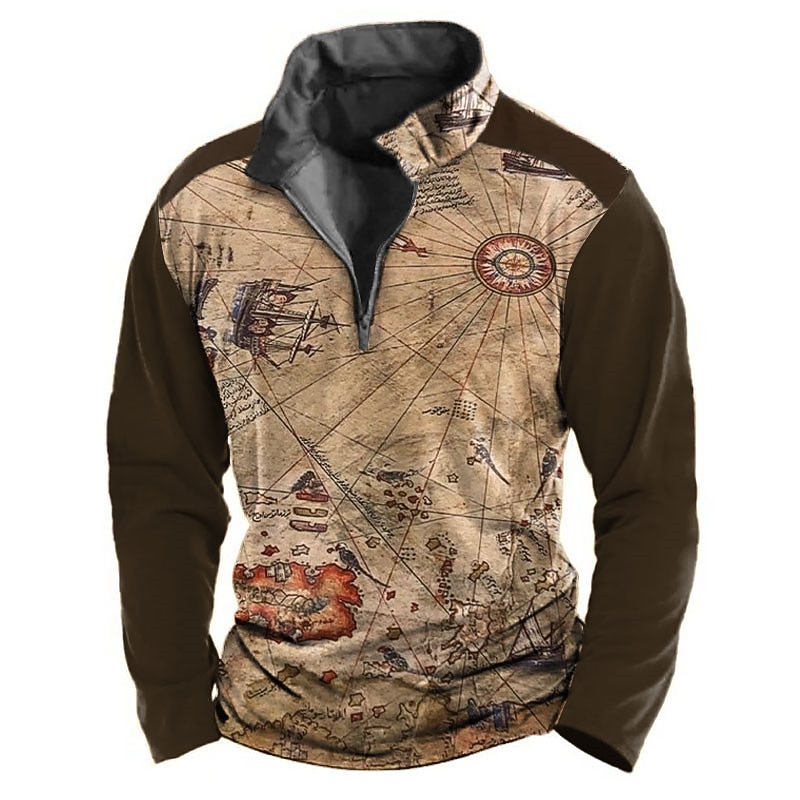 Men's Nautical Zip Polo Shirts Golf Shirt Long Sleeve Polo Shirts Collared Shirts Vintage Casual Vacation Wear Boat Wear Party Outfits 3D Print Quarter Zip Polo Spring & Summer Dark Brown Black Brown