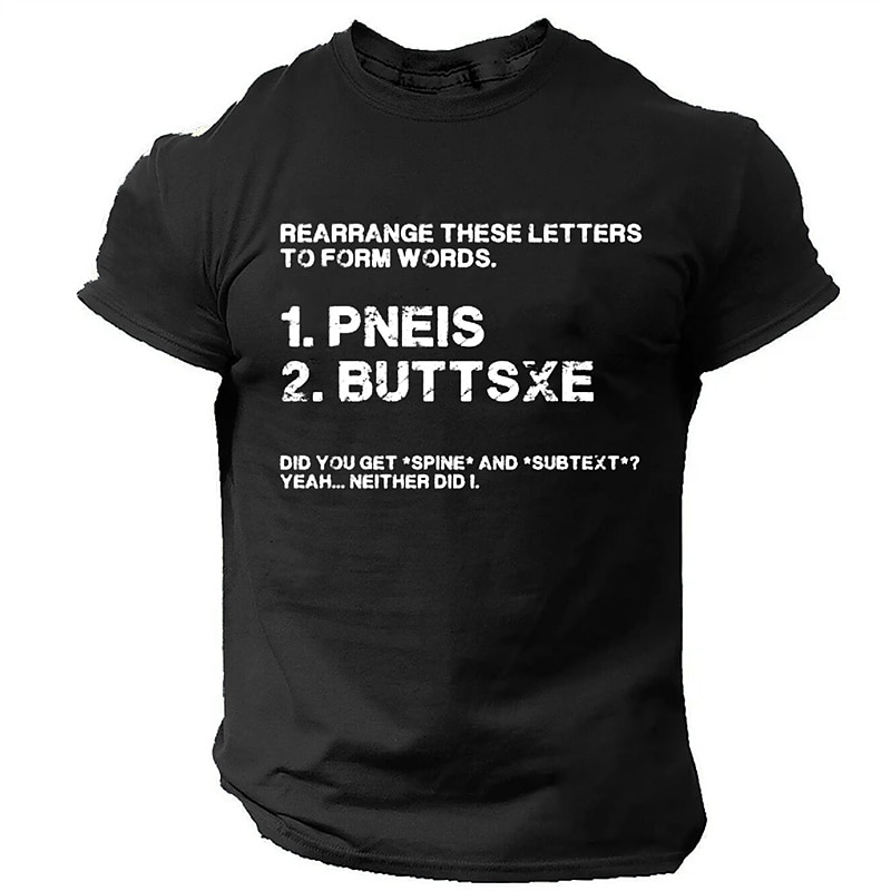Men's Short Sleeve Funny Anagram Word Puzzle T-Shirt with PNEIS BUTTSXE Sarcastic Humor Graphic