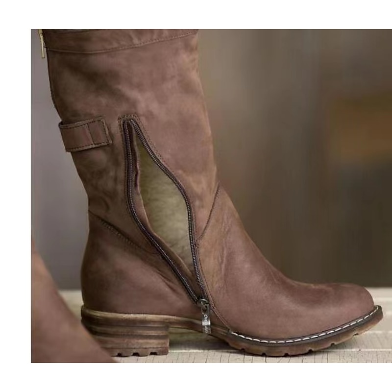 Women's Brown Faux Leather Motorcycle Boots with Buckle Straps and Faux Fur Lining - Mid-Calf Winter Boots with Zipper Closure for Casual and Outdoor Wear4