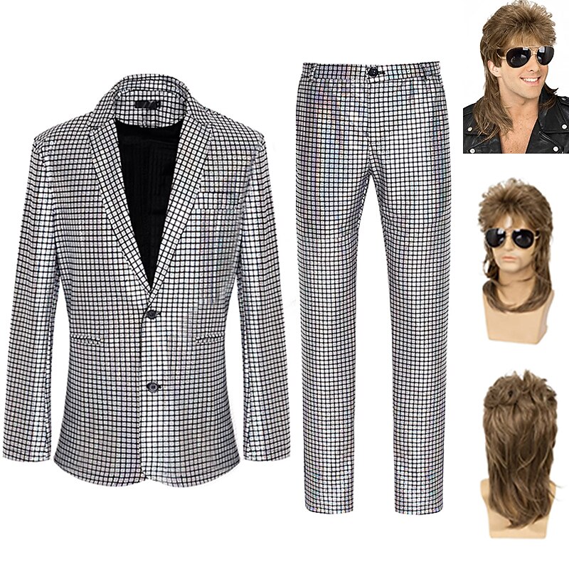 Set with Metallic Suits & Blazers Pants & Trousers Mullet Wigs 3 PCS 1980s Disco Rock Star Outfits Men's Abba Cosplay Costume Masquerade Performance Party Club3