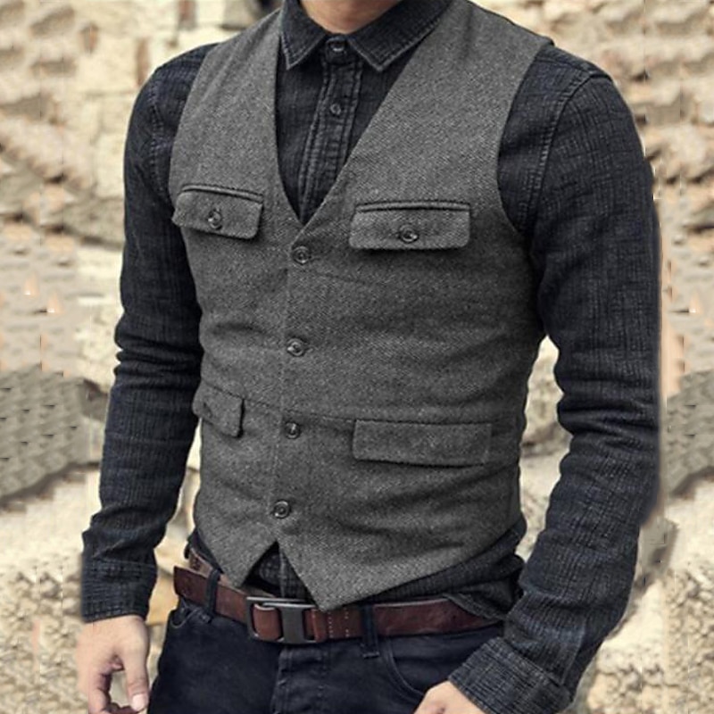 Men's Vest Waistcoat Daily Wear Vacation Going out Fashion Basic Spring &  Fall Button Polyester Comfortable Plain Single Breasted V Neck Regular Fit Black Dark Navy Dark Green Brown Vest