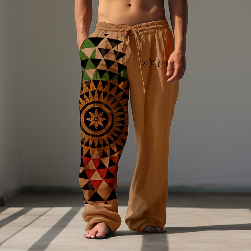 Men's Geometric Linen Pants Pants Trousers Baggy Pants Mid Waist Vintage Carnival Daily Wear Fall & Winter White Khaki