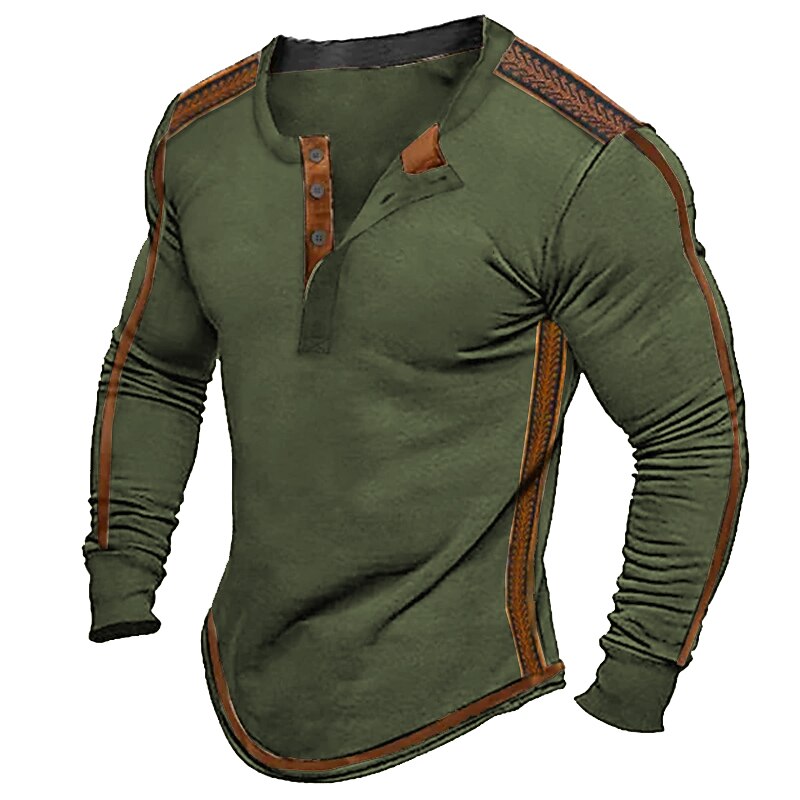 Men's Button T Shirt T Shirt Henley Shirt Tee Top Long Sleeve Henley Spring &  Fall Color Block Vintage Designer Basic Patchwork Vacation Street Going out Black Navy Blue Green Top Tee for Men2