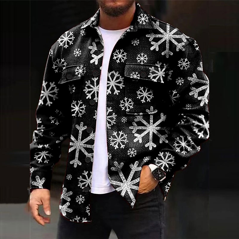 Christmas Men's Christmas Scene Printed Shirts Shirts Snowflake Casual ShirJacket Shacket Outdoor Street Fall & Winter Turndown Long Sleeve Burgundy S M L2