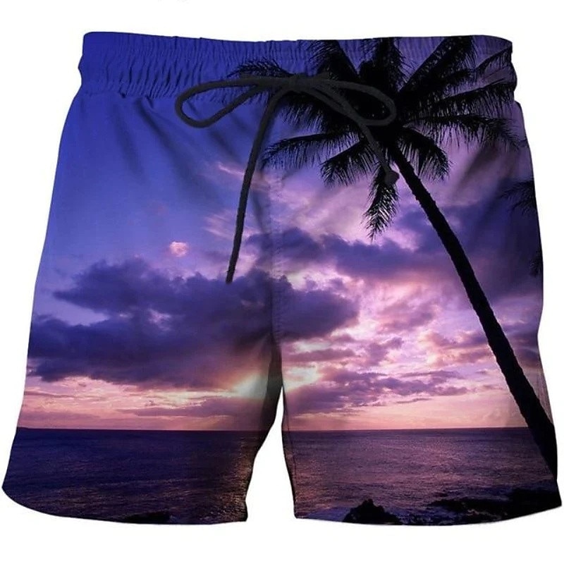 Men's Coconut Tree Landscape Swim Shorts Board Shorts Swimming Trunks Mid Waist Hawaiian Casual Holiday Beach Drawstring with Mesh lining Elastic Waist Designer Clothing Apparel