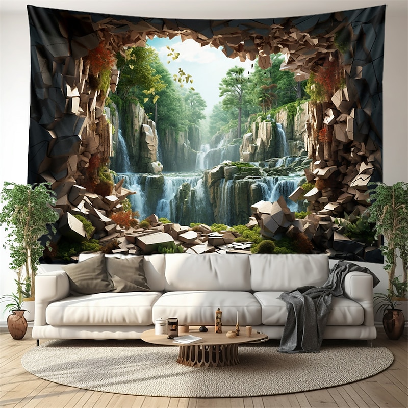 Waterfall Forest Cave Hanging Tapestry Wall Art Large Tapestry Mural Decor Photograph Backdrop Blanket Curtain Home Bedroom Living Room Decoration2