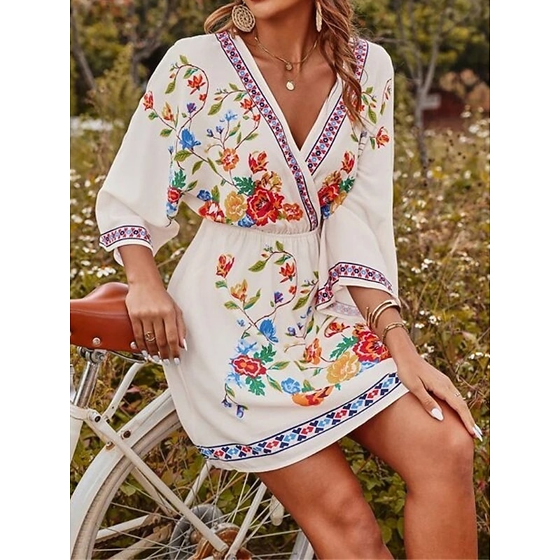 Women's Casual Dress Floral Print V Neck Mini Dress Ethnic Boho Vacation 3/4 Length Sleeve Summer Spring4