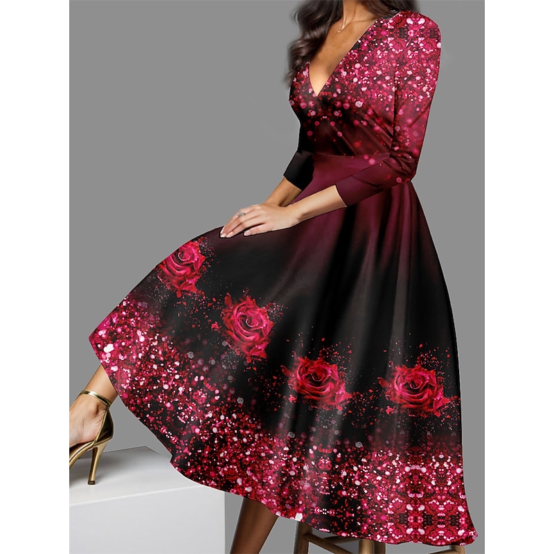 Valentine's Day Women's Midi Dress Casual Dress Winter Dress Swing Dress Semi Formal Dress Streetwear A Line Formal Vacation Party Regular Fit Floral 3/4 Length Sleeve V Neck Yellow Red Blue Purple