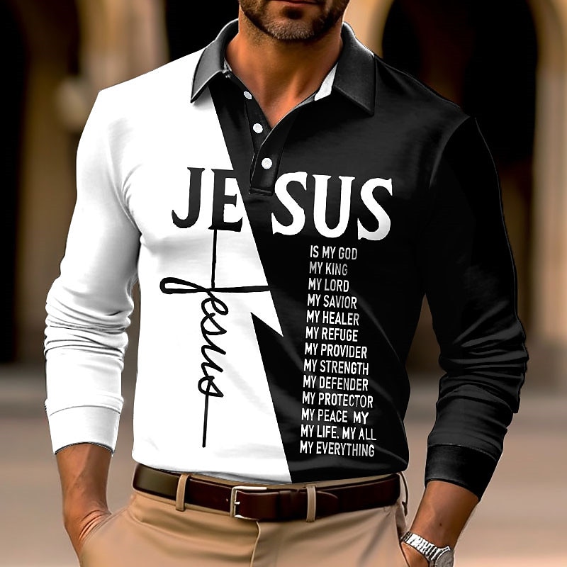 Men's Jesus Christian Polo Shirts Golf Shirt Long Sleeve Polo Shirts Collared Shirts Casual Vacation Wear Party Outfits 3D Print Buttons White Yellow Blue