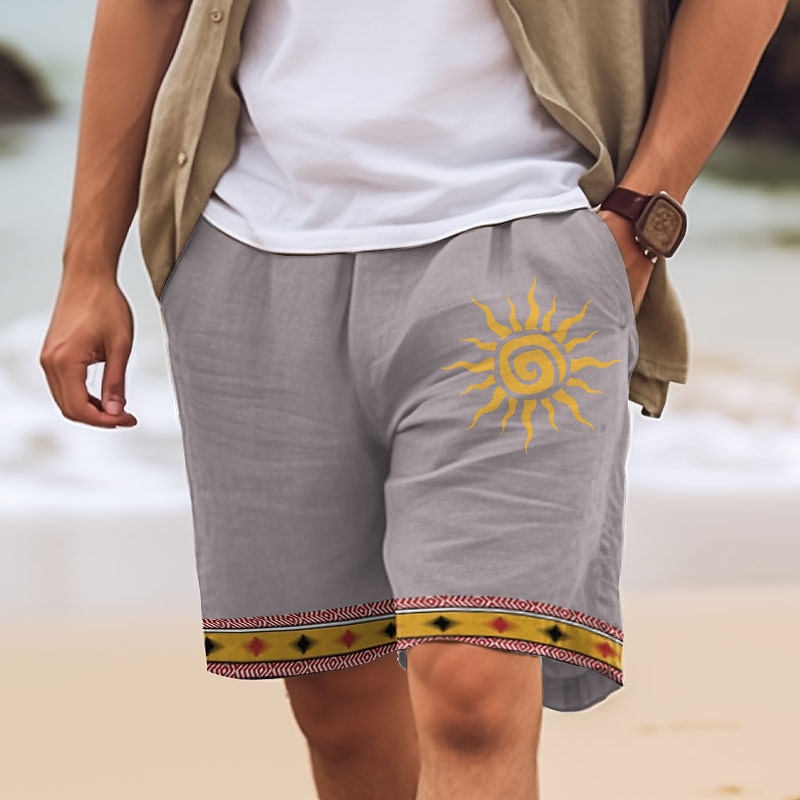 Men's Cotton Linen Shorts Summer Shorts Beach Shorts Print Drawstring Elastic Waist Sun Comfort Breathable Short Outdoor Holiday Going out Cotton Blend Ethnic Style Casual White Pink2