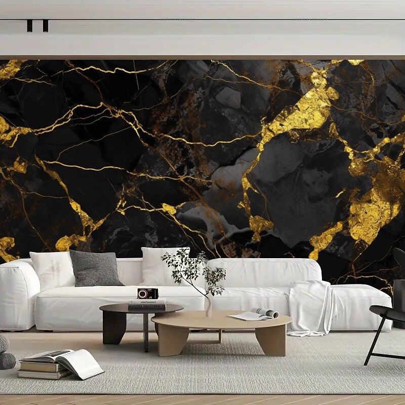 Cool Wallpapers Abstract Marble Wallpaper Wall Mural Black Glod Marble Sticker Peel and Stick Removable PVC/Vinyl Material Self Adhesive/Adhesive Required Wall Decor for Living Room Kitchen Bathroom