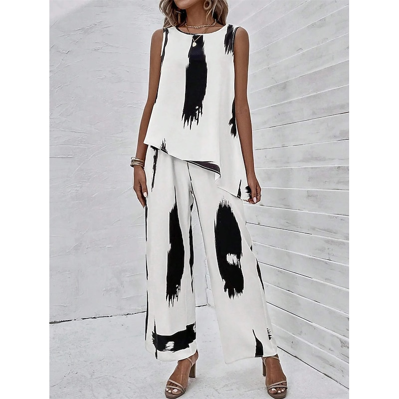 Women's 2 Pieces Fashion Daily Tank Top Pants Sets Wide Leg Pants Trousers Sleeveless Round Neck Graphic Print Casual Daily White Summer Regular Fit4