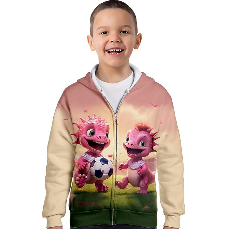 Boys 3D Cartoon Dinosaur Football Hoodie Coat Outerwear Long Sleeve Fall Winter Active Streetwear Cool Polyester Kids 3-12 Years Zip Street Daily Regular Fit4