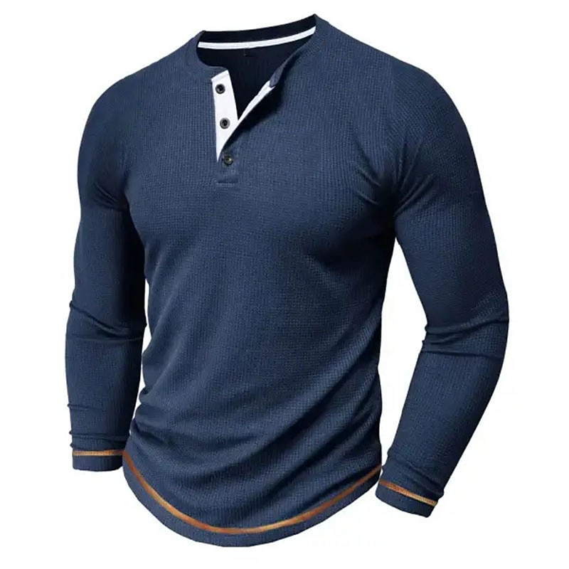 Men's Waffle Tee Button T Shirt T Shirt Henley Shirt Long Sleeve Henley Spring &  Fall Plain Raglan Sleeve Fashion Designer Basic Patchwork Vacation Street Going out Navy Blue Top Tee for Men