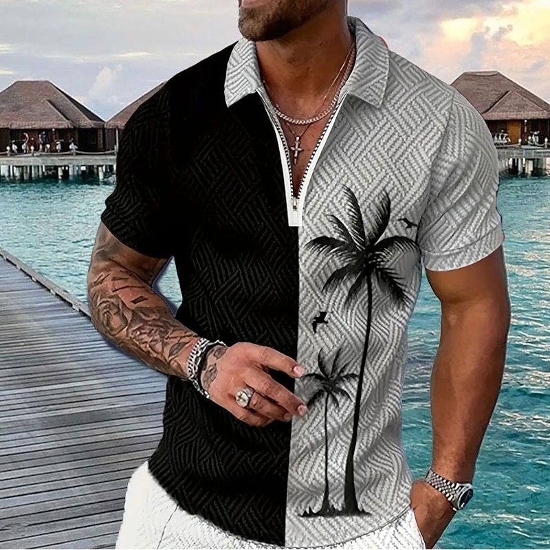 Men's Palm Tree Hawaiian Polo Shirts Golf Shirt Short Sleeve Polo Shirts Collared Shirts Casual Beach Wear Vacation Wear Tropical Wear Party Outfits 3D Print Quarter Zip Polo Spring & Summer Blue Gray