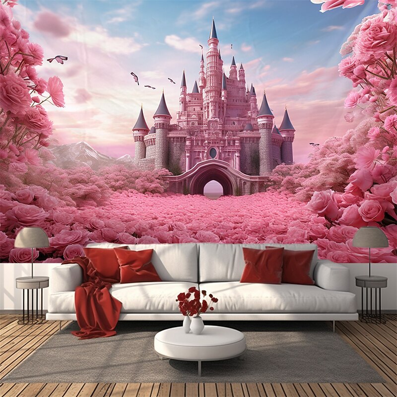 Pink Castle Hanging Tapestry Wall Art Large Tapestry Mural Decor Photograph Backdrop Blanket Curtain Home Bedroom Living Room Decoration