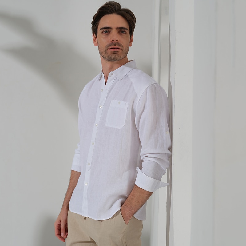 100% Linen Pocket Men's Shirt Linen Shirt Button Up Shirt Black White Green Long Sleeve Plain Lapel Spring &  Fall Outdoor Daily Clothing Apparel3
