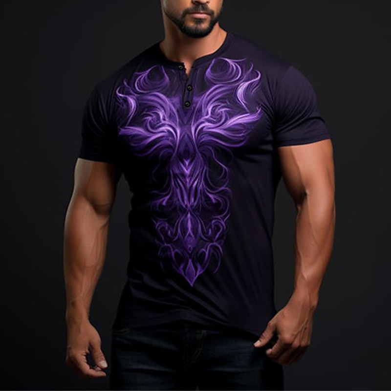 Men's Graphic Abstract T shirt Henley Shirt Short Sleeve 3D Print Fashion Classic Casual Sports Outdoor Holiday Going out Spring & Summer Deep Purple Purple Henley Henley T-Shirt