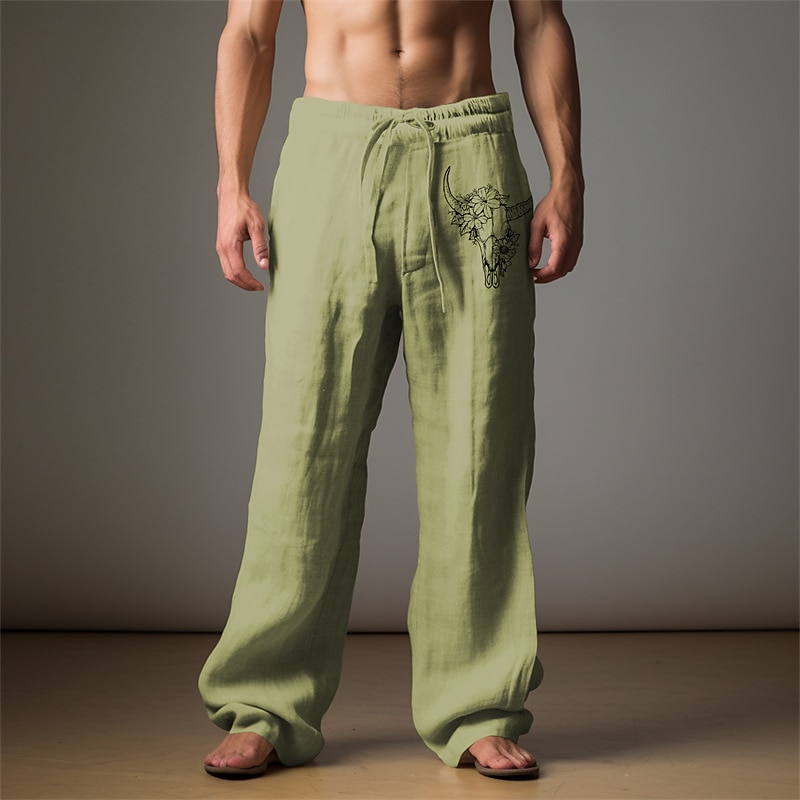 Men's Graphic Cattle Pants Trousers Mid Waist Casual Vacation Daily Wear Going out Spring Fall Light Brown Blue Green2