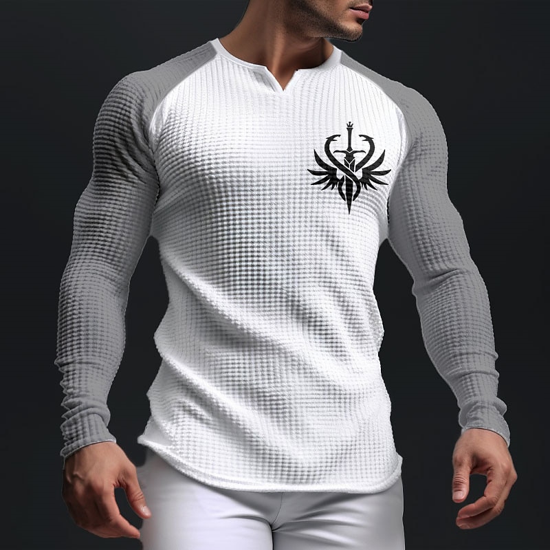 Men's Graphic Color Block Weapon Waffle Shirt T Shirt Raglan T Shirt Long Sleeve T shirt 3D Print V Neck Shirt Daily Classic Casual Sports Outdoor Holiday Going out Black White Light Grey Spring2