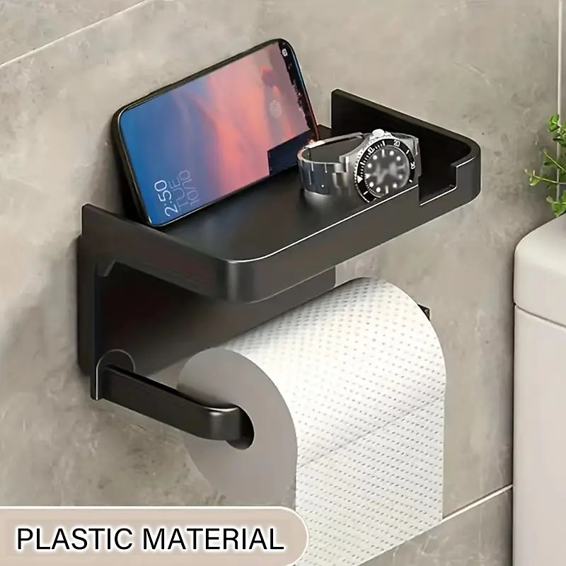 1pc Wall Mounted Toilet Paper Storage Rack & Mobile Phone Holder Self Adhesive Toilet Paper Holder With Phone Shelf  Upgrade YourBathroom With Rustproof And Bathroom Washroom  Black Tissue Rack