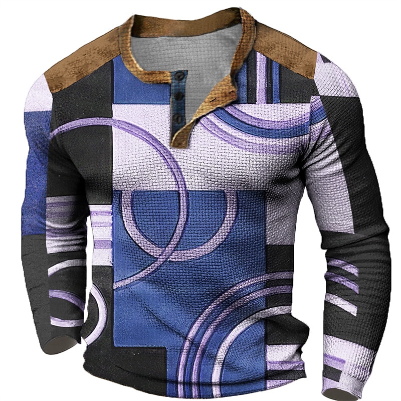 Men's Graphic Color Block Geometic Henley Shirt Waffle T Shirt Long Sleeve 3D Print Fashion Designer Casual Sports Outdoor Holiday Festival Spring &  Fall Blue Red Purple Orange Gray Henley Henley3