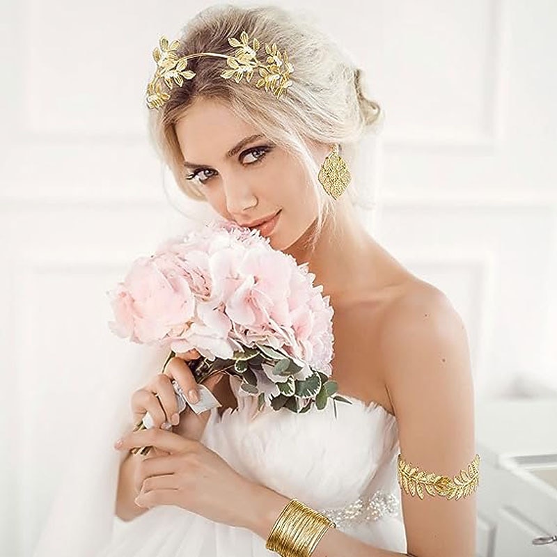 Hot Selling European And American Temperament Bride Pearl Leaf Headband Earring Set Wire Bracelet Leaf Armband For Women Carnival2