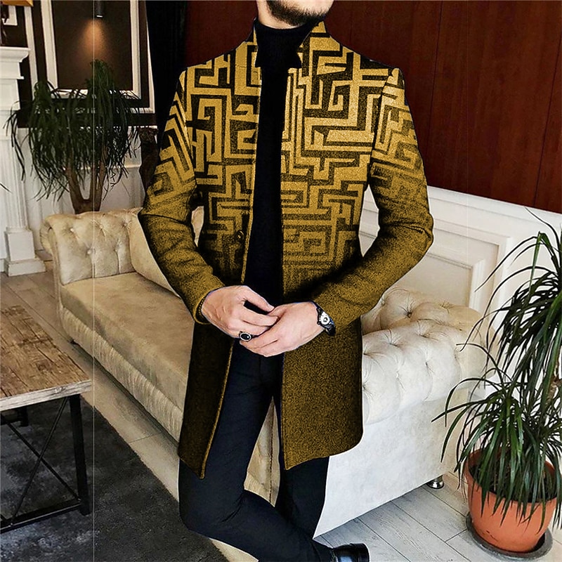 Men's Geometry Winter Coat Overcoat Coat Warm Comfortable Breathable Business Casual Work Wear to work Going out Pocket Print Fall & Winter Stand Collar Long Sleeve Yellow Red Blue4