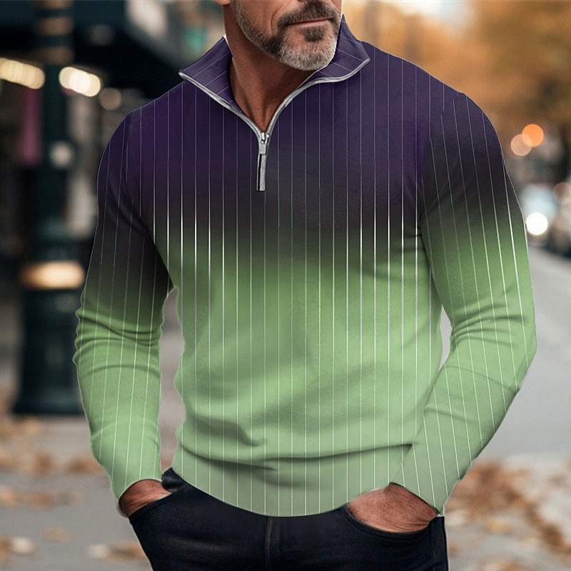 Men's Striped Color Gradient Zip Polo Golf Polos Shirts Long Sleeve Polo Shirts Zip Casual Outdoor Casual Daily Streetwear 3D Print Fall & Winter Blue Green Khaki4