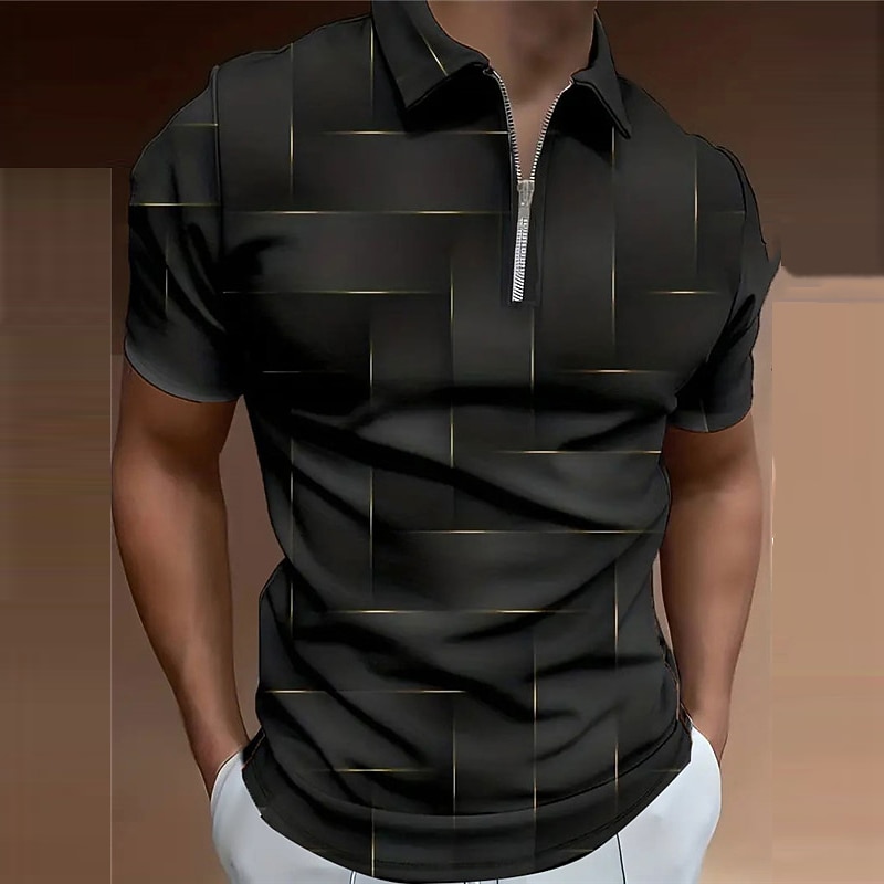 Men's Plaid Zip Polo Shirts Golf Shirt Short Sleeve Polo Shirts Collared Shirts Casual Vacation Wear Formal Wear Festival Wear 3D Print Quarter Zip Polo Spring & Summer Black Purple Brown3