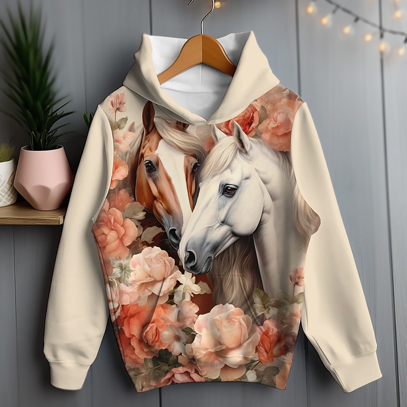 Girls' 3D Floral Horse Hoodie Pullover Long Sleeve 3D Print Spring Fall Active Fashion Cute Kids 3-12 Years Hooded Outdoor Casual Daily Regular Fit2