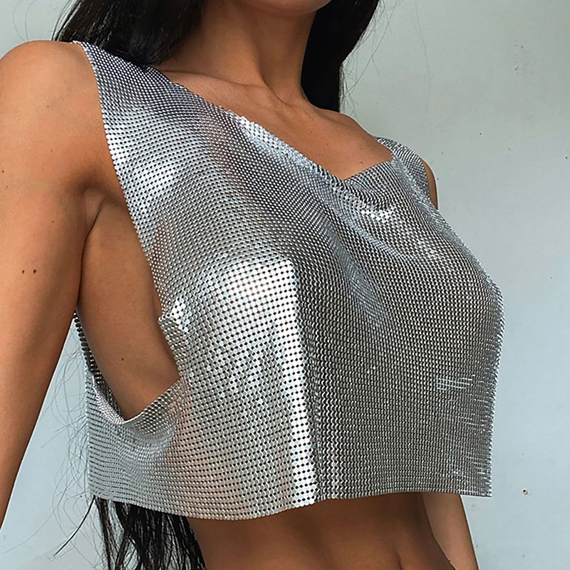 Metallic Sparkle Sexy Crop Tank Top Disco Solid Color Fancy Dress Women's Party Club Adults' Tank Top